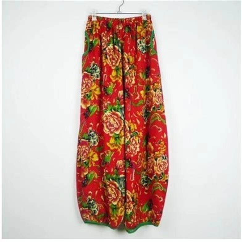 灯笼裤包边大码棉麻水洗东北大花布松紧腰民族风女口袋春秋广场