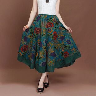 长裙 女2021新款 夏季 印花民族风大摆半身裙波西米亚棉麻花裙中长款