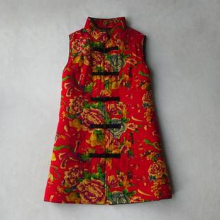 2022年秋冬新款女装棉麻民族风被面花夹棉修身大码显瘦马甲外套女