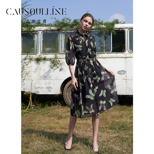 高斯雪岚2024春装新品印花雪纺连衣裙系带优雅度假a字裙中长裙