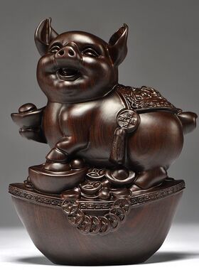 黑檀实木雕刻猪摆件客厅装饰
