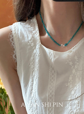 夏日清新小众设计感蓝色串珠项链女轻奢高级感锁骨链颈链