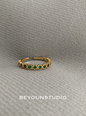 ZUORAN 富贵感精致复古绿锆石戒指花边设计感黄铜时尚气质指环R57