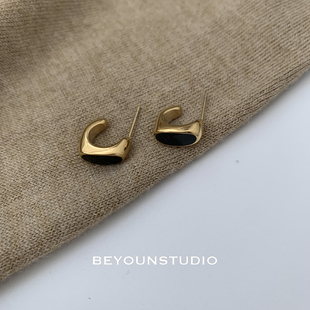 ZUORAN 法式复古极简黑金拼色2024新款时尚chic气质百搭耳环E28