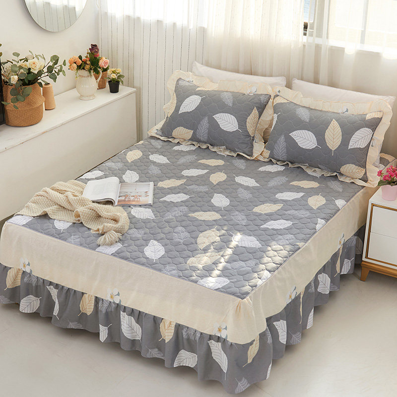 倍宁加棉加厚夹棉床裙四件套全棉床罩 公主绗缝纯棉被套床笠4件套
