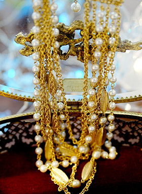 Kramer 美国中古vintage正品素金叶片巴洛克珍珠瀑布流苏白钻项链