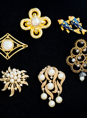 vintage trifari新艺术蓝色珐琅双鱼 monet  joan rivers珍珠胸针