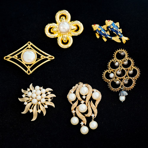 vintage trifari新艺术蓝色珐琅双鱼 monet  joan rivers珍珠胸针