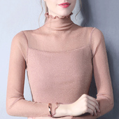 女士打底衫 女装 2019秋冬新款 木耳边网纱亮丝高领长袖 内搭薄款 上衣