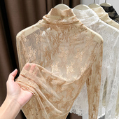 时尚 网纱内搭纱衣打底衫 洋气上衣 女春秋薄款 木耳边高领蕾丝打底衫