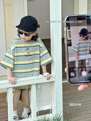大E小e夏款儿童条纹短袖中大童休闲T恤男女童宽松上衣潮25116