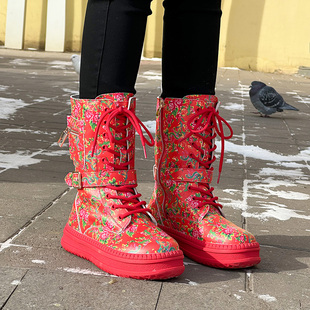 东北大花真皮雪地靴厚底冬红色本命年女靴加厚毛保暖棉鞋加绒短靴