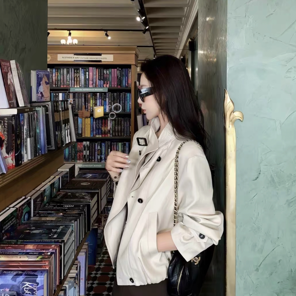 韩系显瘦立裁亚麻天丝高级感可立领短款风衣外套女秋季