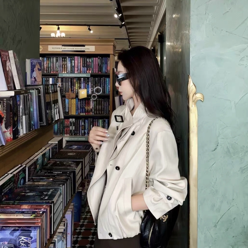 韩系显瘦立裁亚麻天丝2026秋季新款高级感可立领短款风衣外套女装