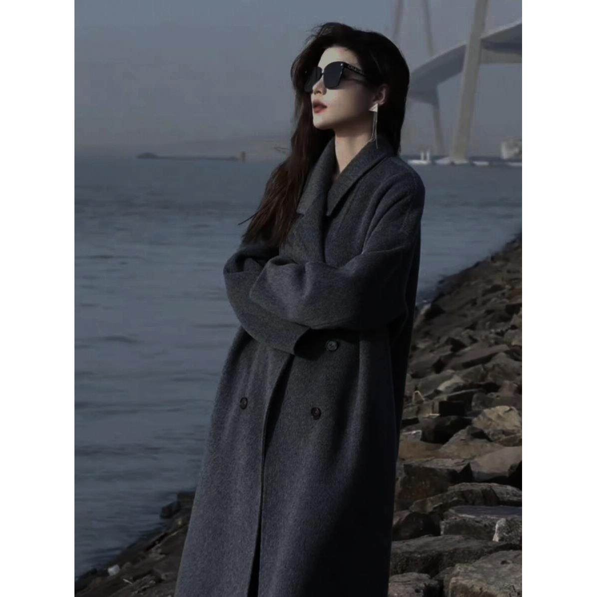碳灰色双面羊绒大衣女中长款韩版宽松2025年秋冬高级感羊毛呢外套