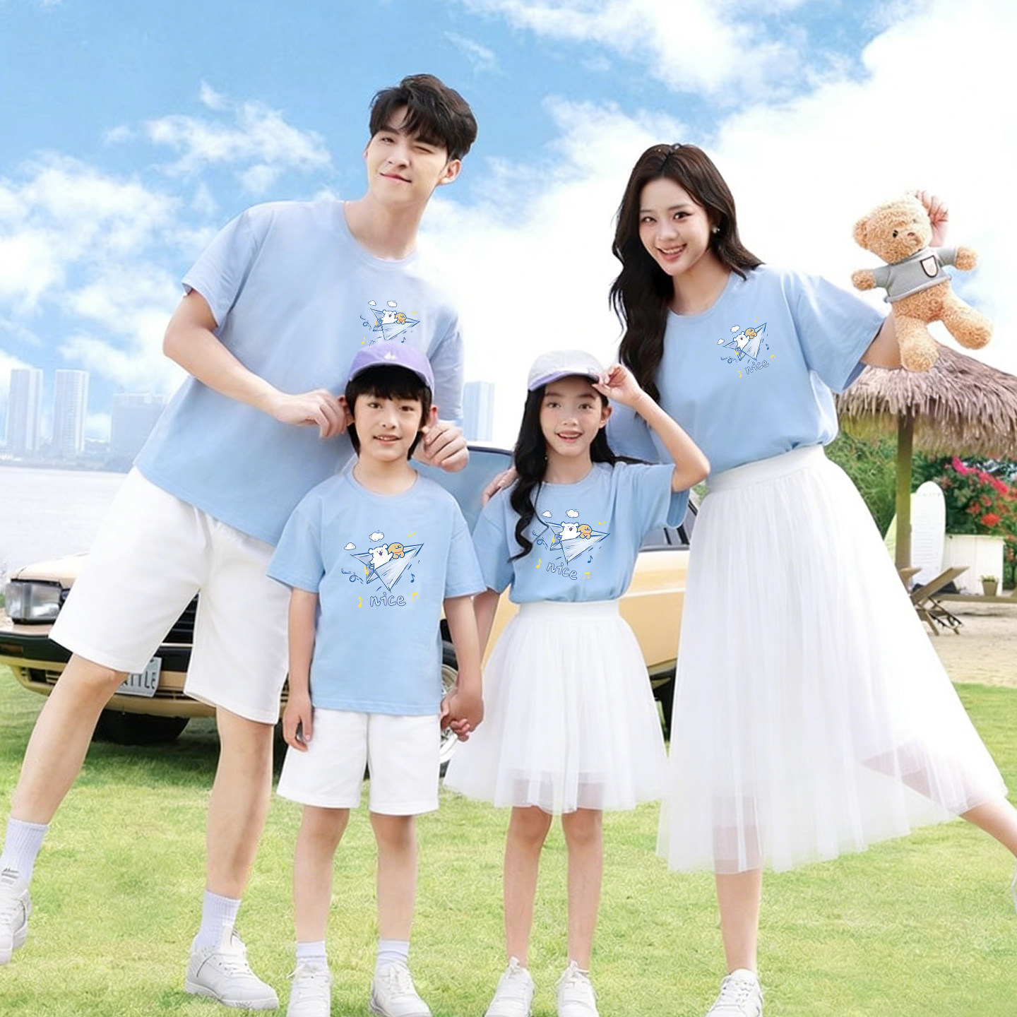 度假T恤全家装高级休闲亲子短袖一家三口四口夏季纯棉拍照出游装
