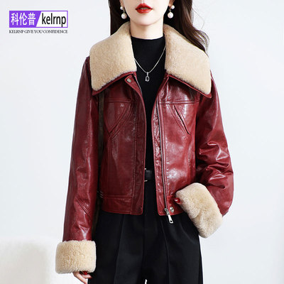 设计感OL羊毛领海宁绵羊皮衣外套