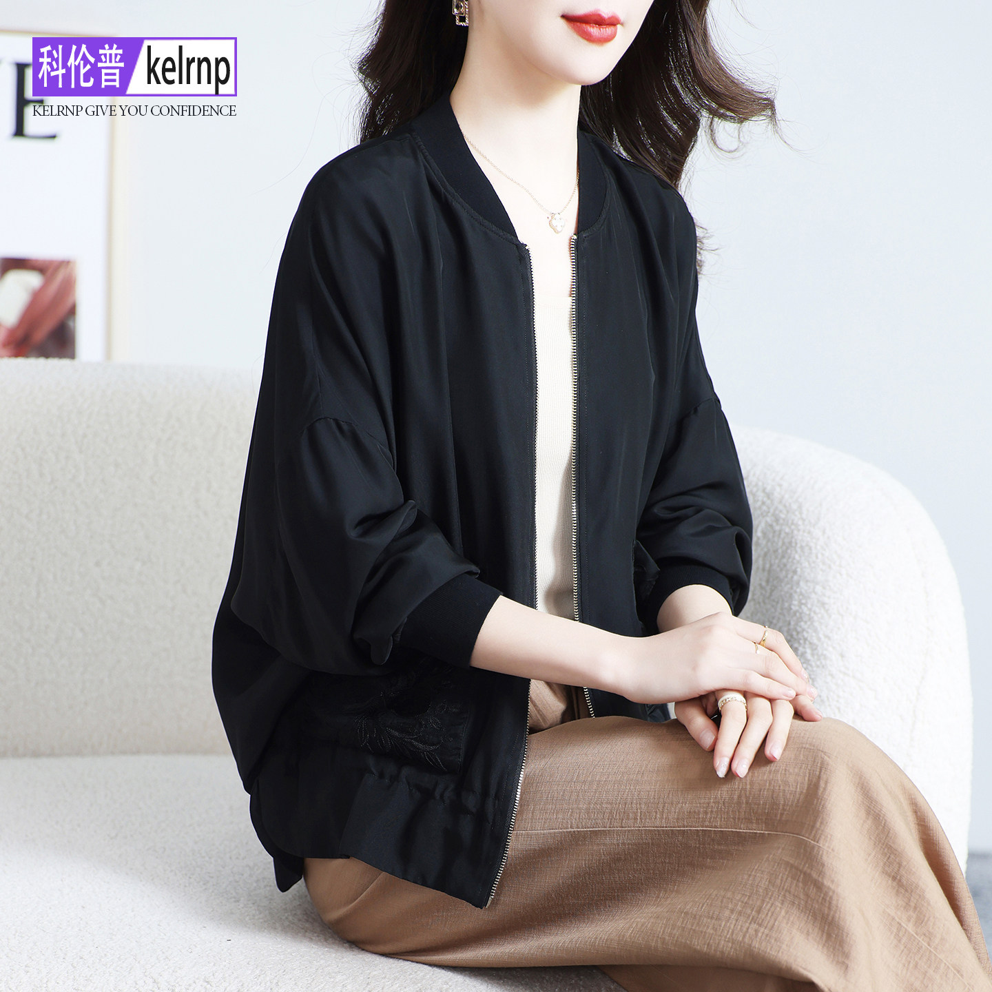 真丝短外套女2026春秋新款国风砂洗电力纺棒球服桑蚕丝绸夹克开衫