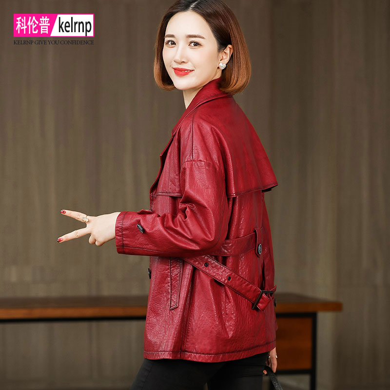 小香风秋冬新款流行系带真皮皮衣