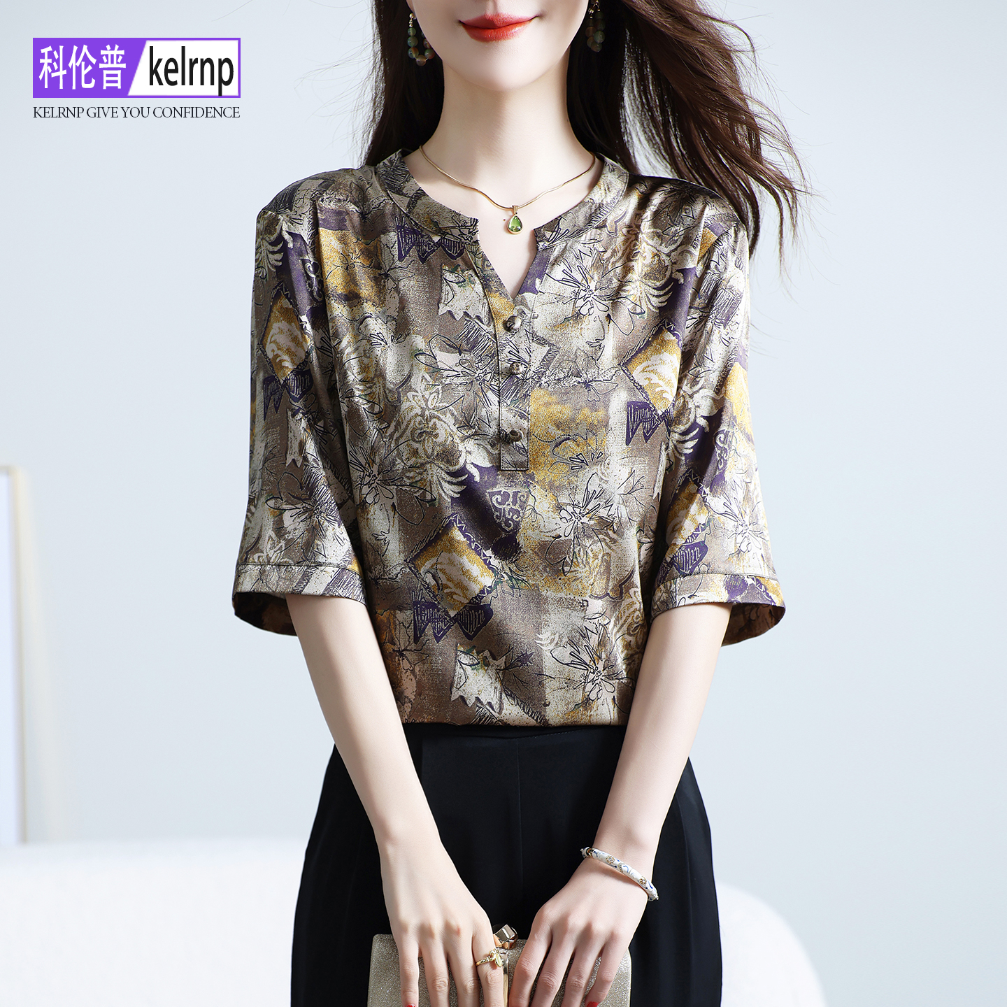 重磅真丝绸缎面t恤女2025夏新款短袖韩版高端洋气印花桑蚕丝上衣