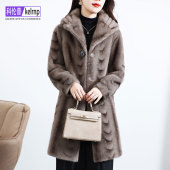 高档金貂绒大衣女2025冬新中长款 条纹优雅仿水貂毛毛环保皮草外套