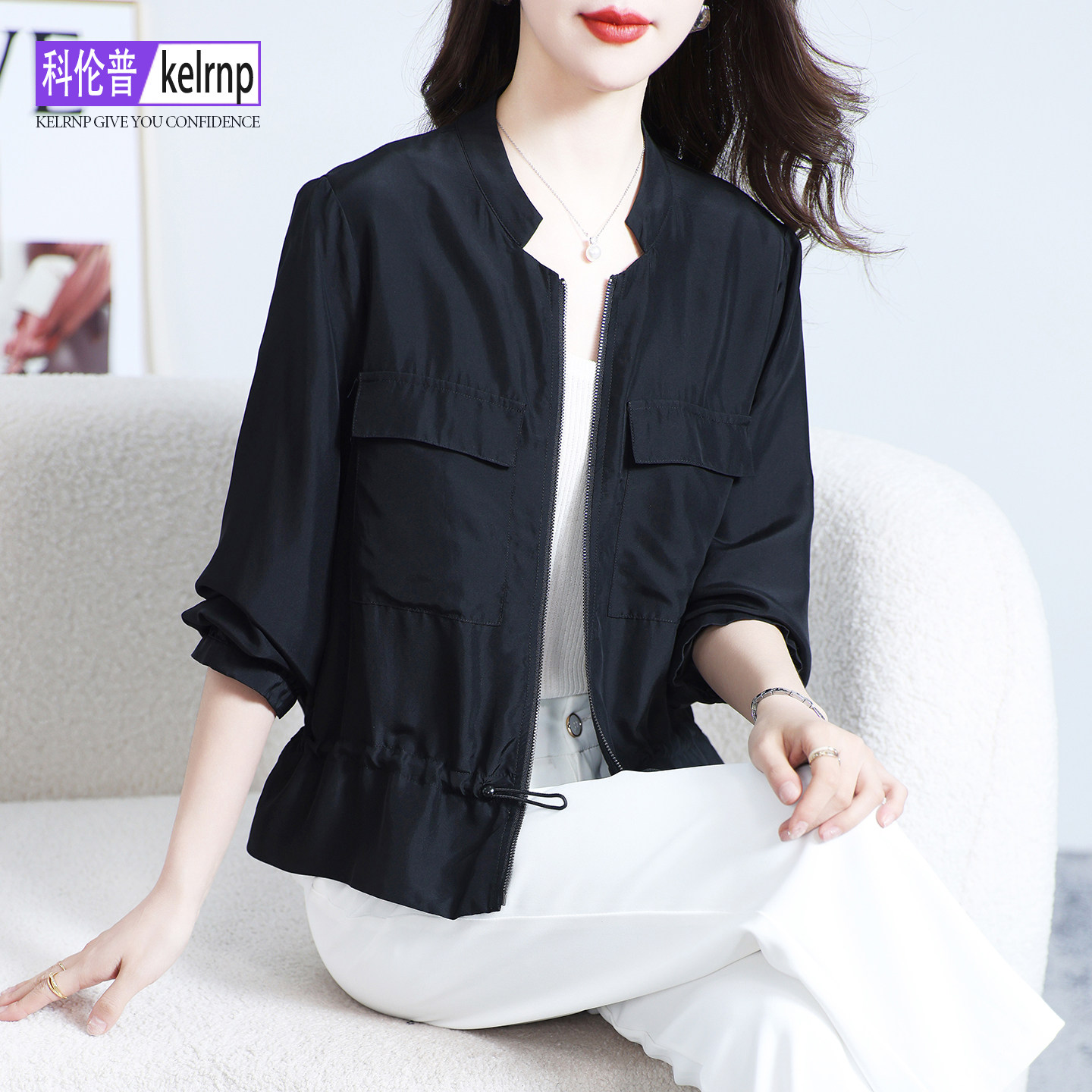 真丝短外套女2026春秋新款砂洗电力纺时尚棒球服桑蚕丝绸夹克开衫