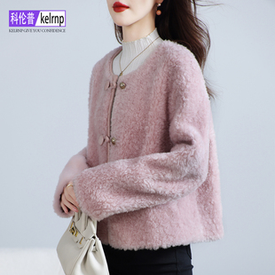 羊剪绒大衣女新款2025冬短款圆领温柔风海宁羔羊毛毛颗粒皮草外套