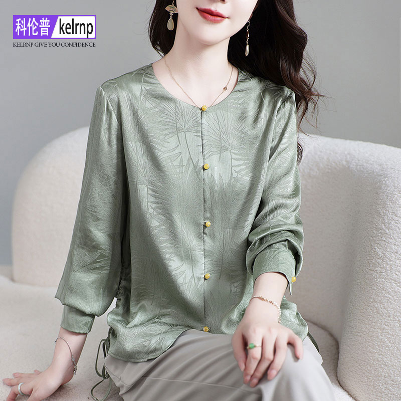 重磅真丝绸衬衫女2025秋新款长袖抽绳显瘦顺纡提花小衫桑蚕丝上衣