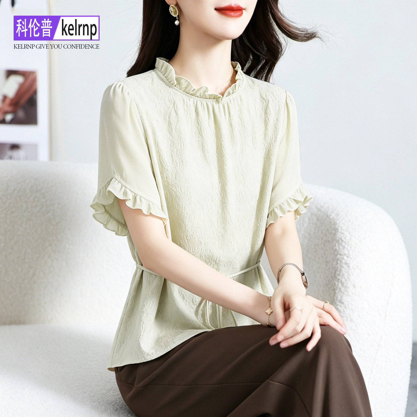 重磅真丝绸缎面t恤女2026夏新短袖花边系带纯色冠乐绉桑蚕丝上衣
