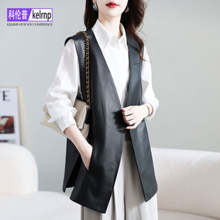 真皮马夹女2026秋新款 中长坎肩外搭大牌开叉头层绵羊皮衣马甲背心