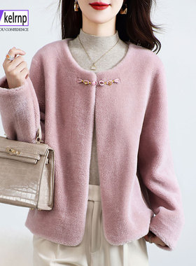 羊剪绒大衣女2025冬新短款中国风显瘦海宁羔羊毛毛小颗粒皮草外套