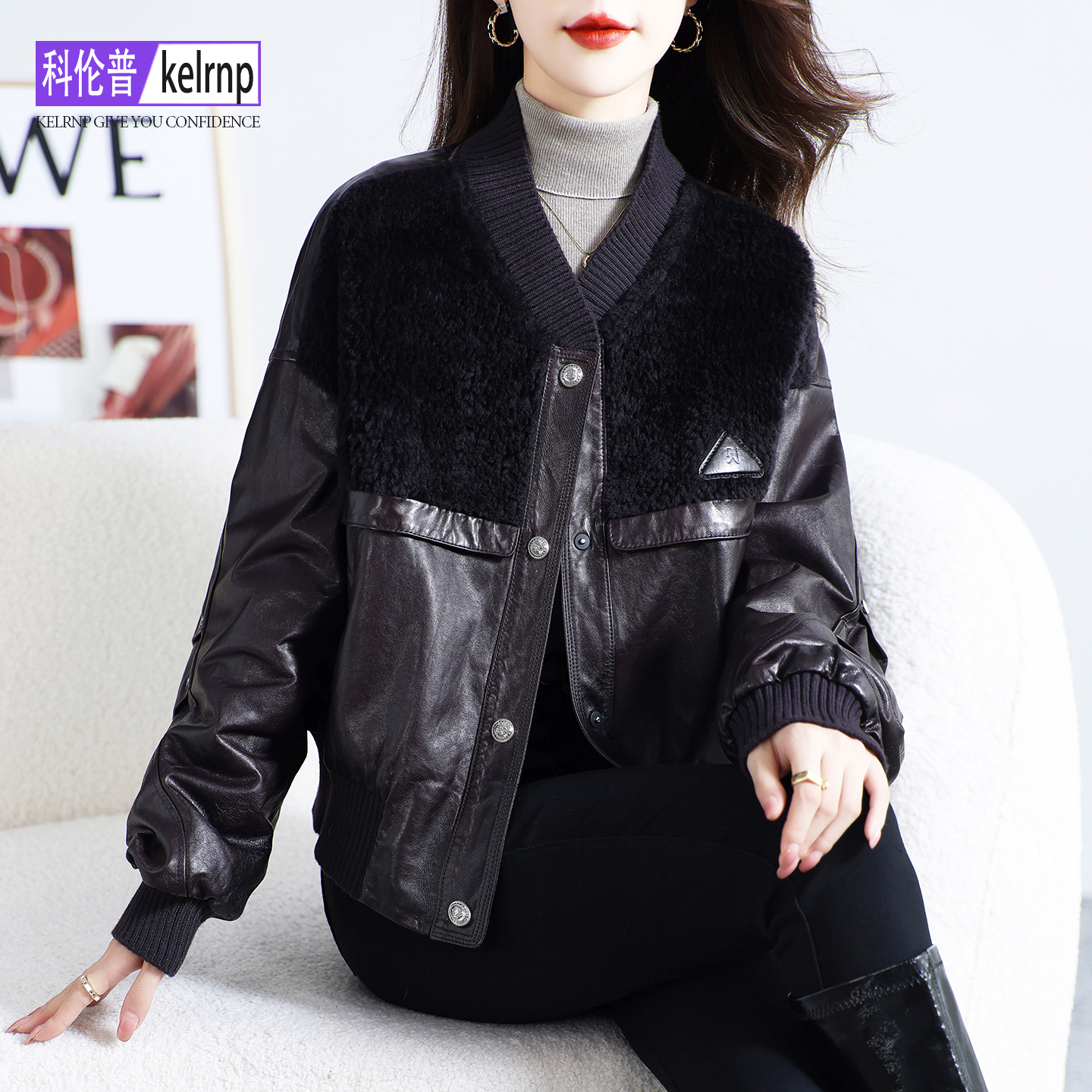 海宁油蜡头层绵羊皮衣鹅绒外套