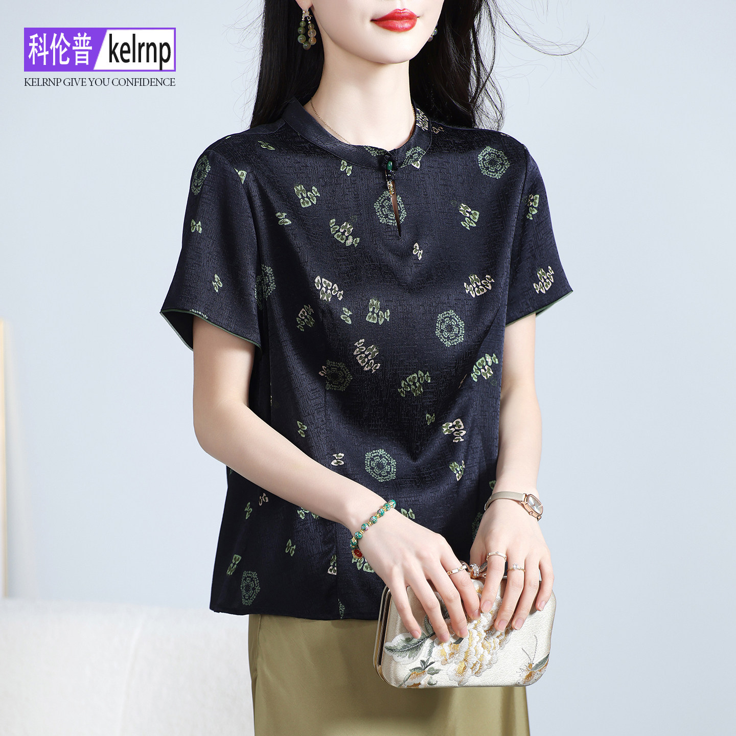 重磅真丝绸缎面t恤女2026夏新短袖高端洋气质提花印花桑蚕丝上衣