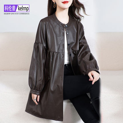 海宁真皮皮衣女2025秋冬新中长款气质休闲褶皱头层绵羊皮外套大衣