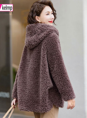 羊剪绒大衣女2025冬新中长款宽松显瘦连帽海宁羔羊毛颗粒皮草外套