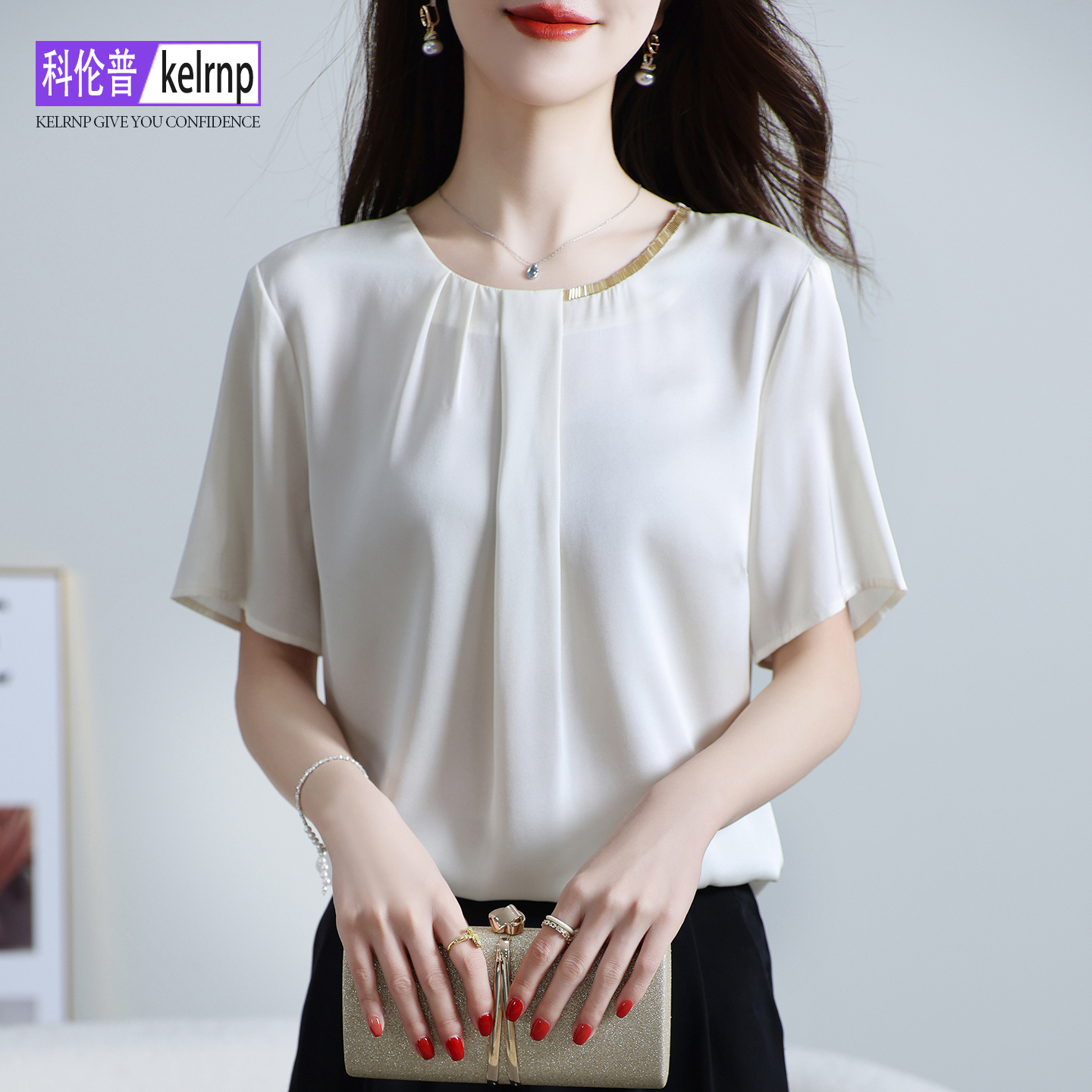 重磅真丝绸缎面t恤女2025夏新款短袖休闲百搭褶皱纯色桑蚕丝上衣