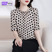 女2025夏新款 短袖 名媛时尚 重磅真丝绸衬衫 波点印花小衫 桑蚕丝上衣