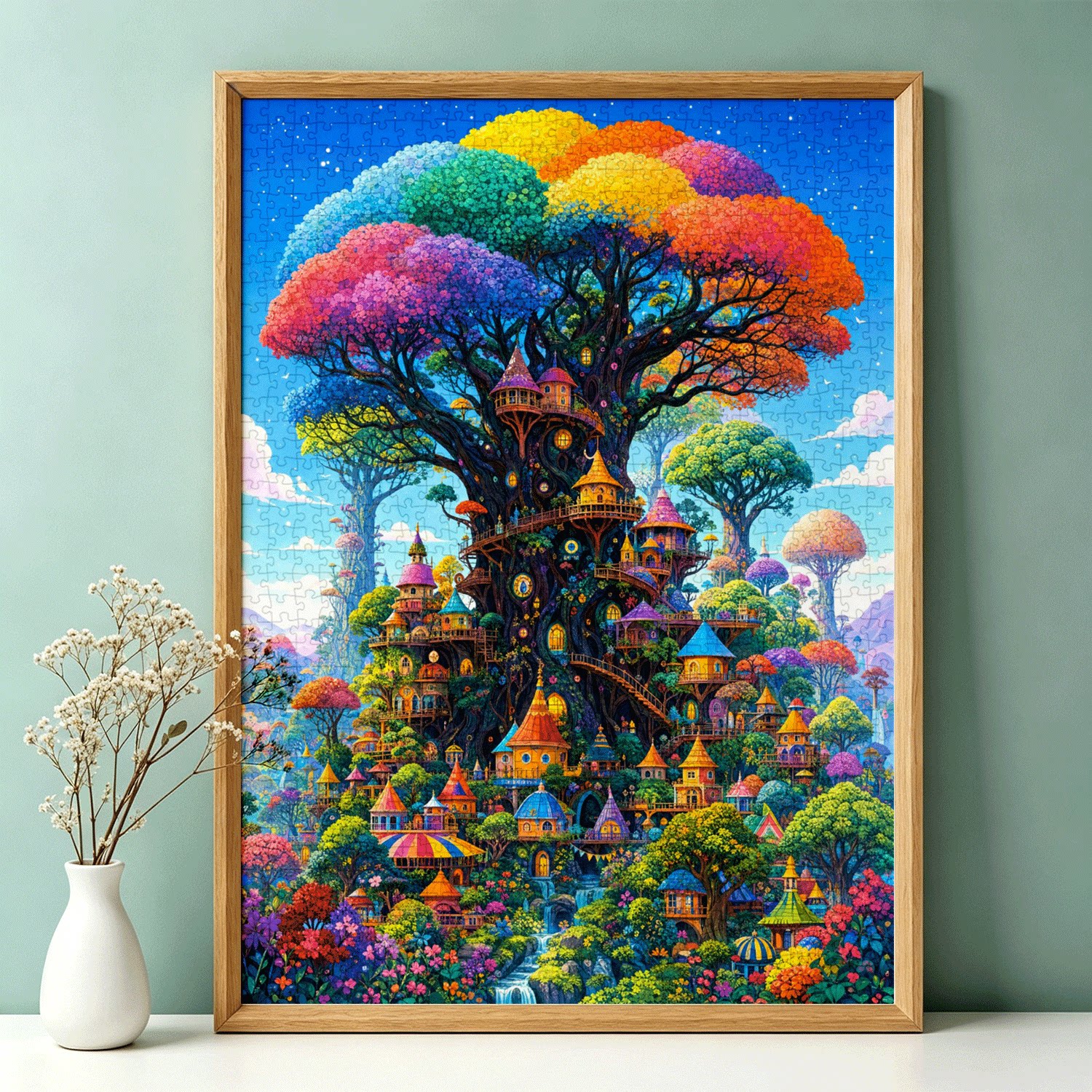 拼图1000片高端蓝卡风景带相框图片