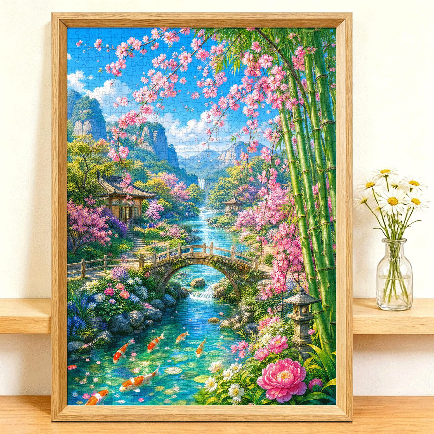 拼图1000片高端蓝卡风景带相框