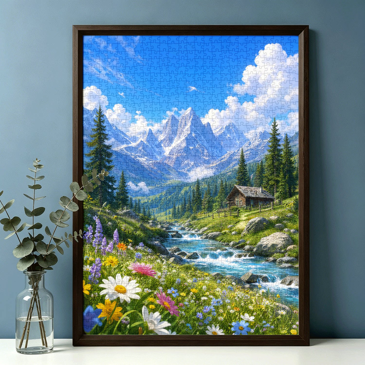 拼图1000片高端蓝卡风景带相框
