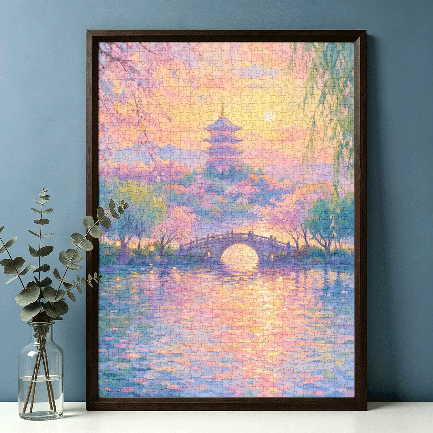 拼图1000片高端蓝卡风景带相框