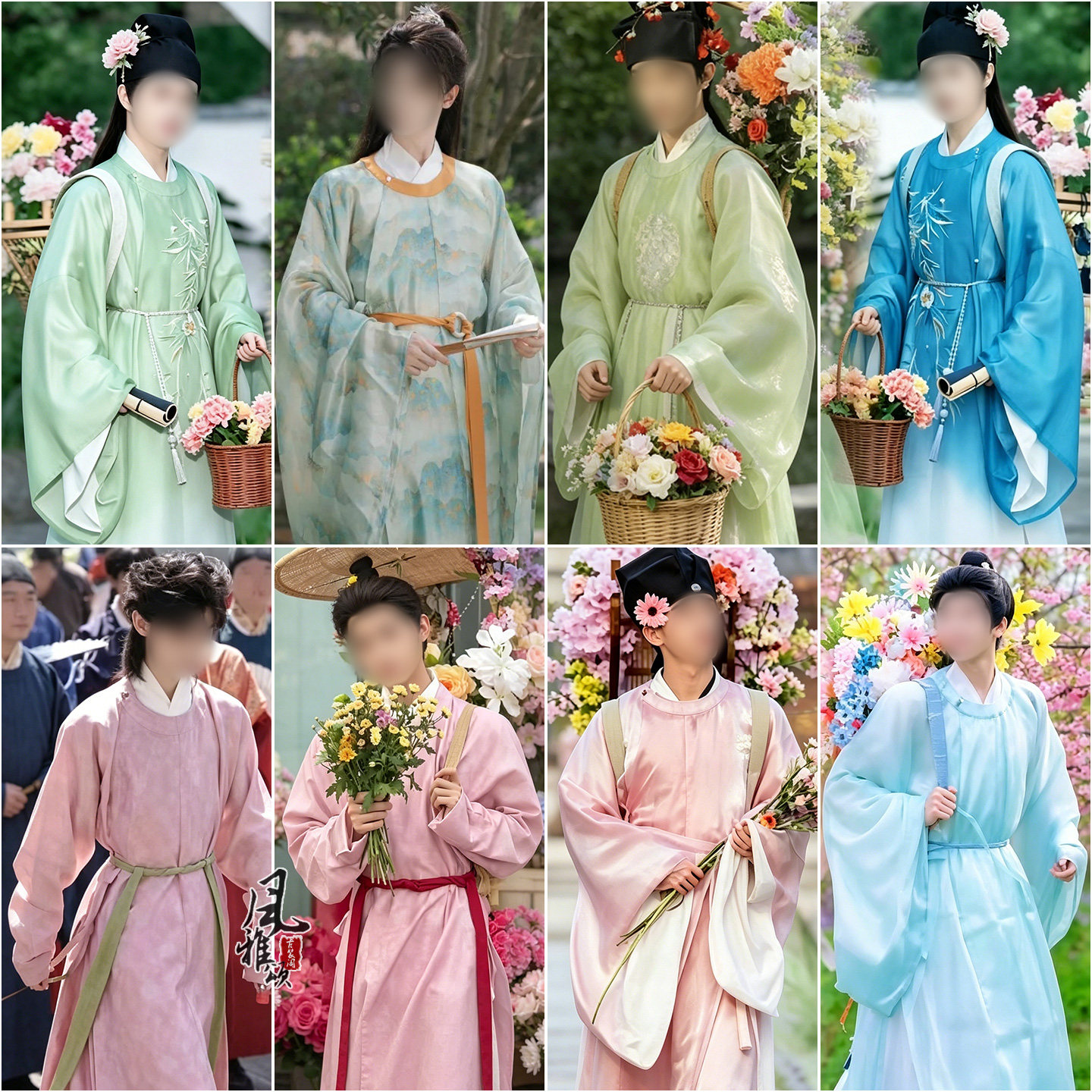 国潮古风明制簪花郎汉服景区古街NPC巡游卖花送花演出表演服古装