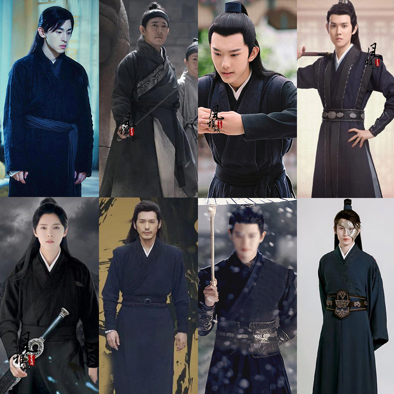 影视古装男士汉服黑色大侠服剑客服江湖浪子古装黑衣人侠客演出服