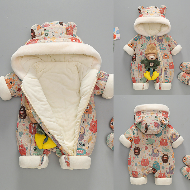 婴儿冬装连体衣服彩熊男宝宝加厚夹棉服新生儿秋冬季外出服抱衣服