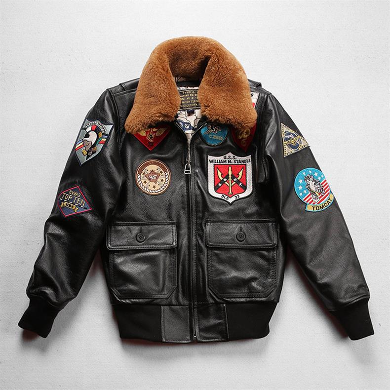 美式G1多标真皮飞行服夹克女士可拆卸羊毛羔领11标牛皮皮衣
