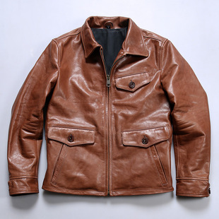 张学友真皮皮衣男新报童无涂牛皮外套复古水洗翻领油蜡牛皮夹克