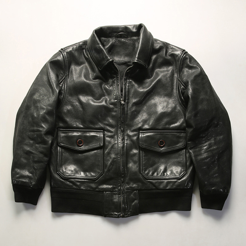 复古美式G1飞行员真皮夹克男翻领扩版美国全植鞣油蜡牛皮皮衣