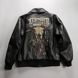 印第安牛骷髅刺绣真皮棒球服男士加肥加大码扩版黄牛皮皮衣