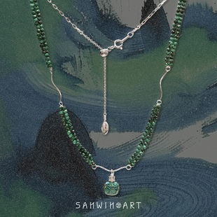 山印集原创【青林】非遗欧泊大漆珠吊坠孔雀石串珠项链纯银送礼物