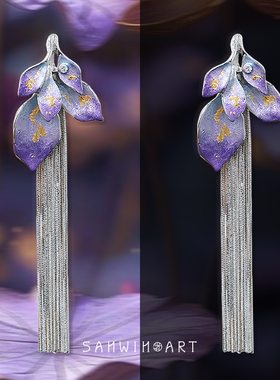 山印集手绘【睡火莲】莫奈花园紫色睡莲耳钉气质仙气流苏耳环耳夹